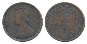 Victoria Queen, Copper ½ Anna, 1876, Calcutta Mint, Bust B, 4 panels to the jabot with tin