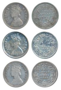 Victoria Queen & Empress, Silver 2 Annas, 1874, 1875, both Bombay Mint, A / I / No mint ma