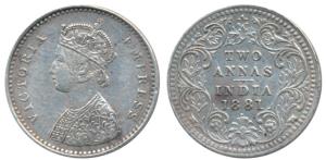 Victoria Empress, Silver 2 Annas, 1881, Bombay Mint, A / II / dot, (Prid 523). Very Fine+,
