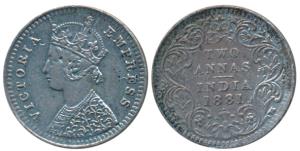 Victoria Empress, Silver 2 Annas, 1881, Bombay Mint, B / II / dot (Pr 524). Very Fine+.