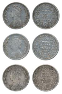 Victoria Empress, Silver 2 Annas, 1884, Bombay Mint, A / I / B raised, 1888 & 1889, both B