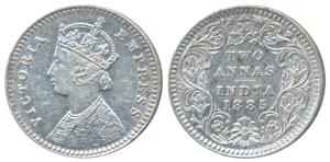 Victoria Empress, Silver 2 Annas, 1885, Calcutta Mint, B / II / C incuse, (Prid 500). Extr