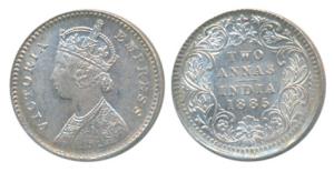 Victoria Empress, Silver 2 Annas, 1885, Calcutta Mint, B / II / C incuse (Prid 500). About