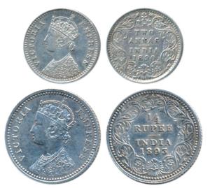Victoria Empress, Silver 2 Annas, 1890, Bombay Mint, B / II / B incuse; ¼ Rupee, 1893, Cal