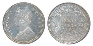 Victoria Empress, Silver 2 Annas, 1892, Calcutta Mint, B / II / C incuse (Prid 507). Uncir