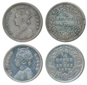 Victoria Queen, Silver ¼ Rupee, 1874, Bombay Mint, A / I / dot; 1875, Calcutta Mint, A / I
