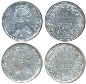 Victoria Empress, Silver ¼ Rupee, 1882 & 1898, Calcutta Mint, both C / II / C incuse; (Pri
