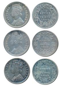 Victoria Empress, Silver ¼ Rupee, 1884, Calcutta Mint, C / II / C incuse; 1888, Calcutta M