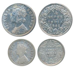 Victoria Empress, Silver ¼ Rupee & 2 Annas, 1892, both Bombay Mint, C / I / B incuse; B / 