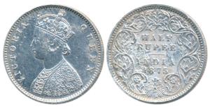Victoria Queen, Silver ½ Rupee, 1875, Calcutta Mint, A / I / No mint mark, (Prid 260). Cle