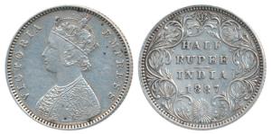 Victoria Empress, Silver ½ Rupee, 1887, Bombay Mint, A / II / B raised, (Prid 296). Very F