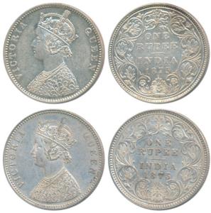 Victoria Queen, Silver Rupee, 1875 (2), Calcutta Mint, A1 / I / No mint mark; Bombay Mint,