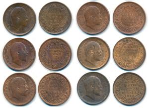Edward VII, Copper ¼ Anna (3), 1903, 1905, 1906 & Bronze ¼ Anna (3), 1907, 1908, 1910, All