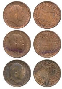 Edward VII, Copper ¼ Anna (3), 1904, Bronze, 1906, 1910, Calcutta Mint, (Prid 647, 650 & 6
