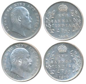 Edward VII, Silver 2 Annas, 1905 and 1910, Calcutta Mint, (Prid 558 & 562). Uncirculated. 