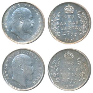 Edward VII, Silver 2 Annas, 1906 and 1907, Calcutta Mint, (Prid 559 & 560). Nice mint lust