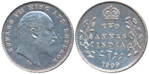 Edward VII, Silver 2 Annas, 1909, Calcutta Mint, (Prid 562). Superb mint luster, Uncircula