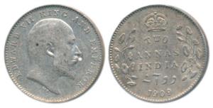 Edward VII, Silver 2 Annas, 1909, Calcutta Mint, (Prid 562). Very Fine. Rare.