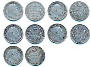 Edward VII, Silver ¼ Rupee (5), 1903, 1904, 1905, 1907 and 1908, All Calcutta Mint, (Prid 