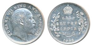 Edward VII, Silver ½ Rupee, 1905, Calcutta Mint, No mint mark, (Prid 309). About Uncircula
