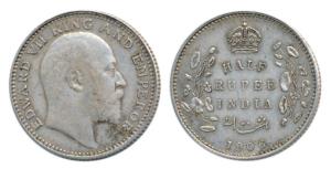 Edward VII, Silver ½ Rupee, 1906, Bombay Mint, B incuse, (Prid 315). Very Fine+, Rare.