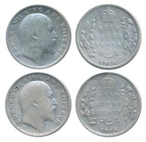 Edward VII, Silver ½ Rupee (2), 1906, Calcutta Mint, No mint mark, (Prid 310); 1910, Bomba