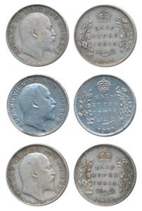Edward VII, Silver ½ Rupee (3), 1907, Bombay Mint, B incuse and dot; 1909 and 1910, both C