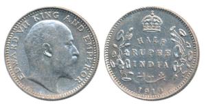 Edward VII, Silver ½ Rupee, 1910, Calcutta Mint, No mint mark, (Prid 314). Very Fine+.