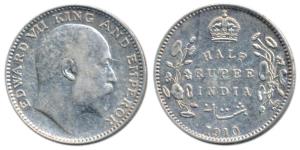 Edward VII, Silver ½ Rupee, 1910, Bombay Mint, B incuse and dot, (Prid 317). Very Fine+.