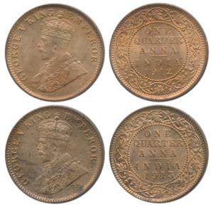 George V, Bronze ¼ Anna, 1912 and 1913, Calcutta Mint, (Prid 658 & 659). Uncirculated. (2)