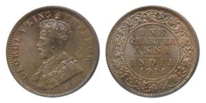 George V, Bronze ¼ Anna, 1914, Calcutta Mint, (Prid 660). About Uncirculated.