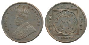 George V, Cupro-Nickel 8 Annas, 1919, Calcutta Mint, (Prid 870). About Uncirculated.