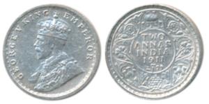 George V, Silver 2 Annas, 1911 Calcutta Mint, (Prid 564). Very Fine+, Rare.