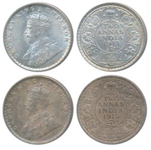 George V, Silver 2 Annas, 1913, Calcutta Mint; 1915, Bombay Mint, (Prid 566 & 574). About 