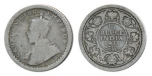 George V, Silver ¼ Rupee, 1911, Calcutta Mint, (Prid 440). Fine, Rare.