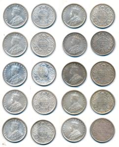 George V, Silver (10), ¼ Rupee, 1912, 1916, 1917, 1918, 1919, 1926, 1929, 1930 and 1936, a