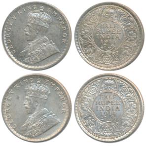 George V, Silver ½ Rupee, 1914, Bombay Mint and Calcutta Mint, (Prid 338 & 321). About Unc