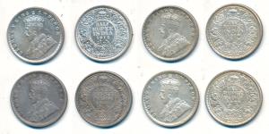 George V, Silver ½ Rupee (4), 1914 and 1919, Bombay Mint; 1916 and 1923, Calcutta Mint. Ex