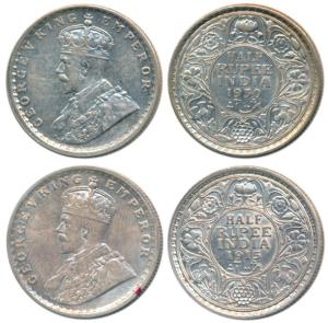 George V, Silver ½ Rupee (2), 1915 and 1930, both Calcutta Mint, (Prid 322 & 332). Very Fi