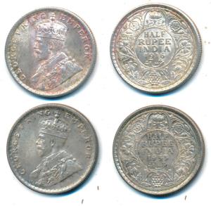George V, Silver ½ Rupee, 1916 and 1933, both Calcutta Mint (Prid 323 & 333). Very Fine+ t