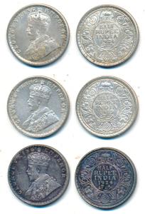 George V, Silver ½ Rupee, 1919 and 1924, both Bombay Mint; 1924, Calcutta Mint. About Extr