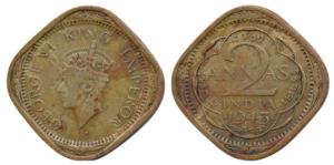 George VI, Cupro-Nickel 2 Annas, 1943, Bombay Mint, 2nd head, dot before and after the dat