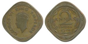 George VI, Nickel Brass 2 Annas, 1944, Bombay Mint, without I mint mark in quatrefoil and 