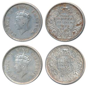 George VI, Silver ½ Rupee (2), 1938 and 1939, both, Bombay Mint, 1st head, A / I / dot, (P