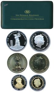 Australia, Sir Donald Bradman, set of 3 Proof, Silver $5, 31.1g; Bi-metal Gold and Silver 