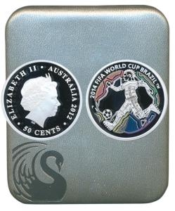 Australia, Elizabeth II, Silver 50 Cents, 15.59g, 2014 FIFA World Cup Brazil, rev. a socce