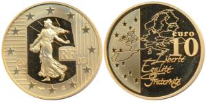 France, Gold 10 Euro, 8.45g, 2003, obv. Liberty walking to right, rev. value and map, Farw