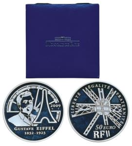 France, Silver 50 Euros, 163.8g, 2009, Gustave Eiffel the architect of the Eiffel tower bu