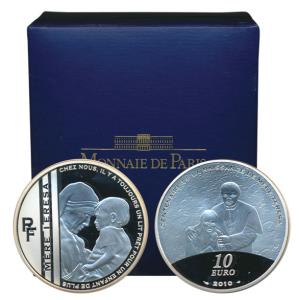 France, Mother Teresa, Silver 10 Euros, 2010, Mother Teresa holding a child on obv., with 
