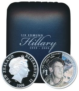 New Zealand, Silver Proof $ 1, 31.1g, Sir Edmund Hillary (1919-2008), a coloured coin with